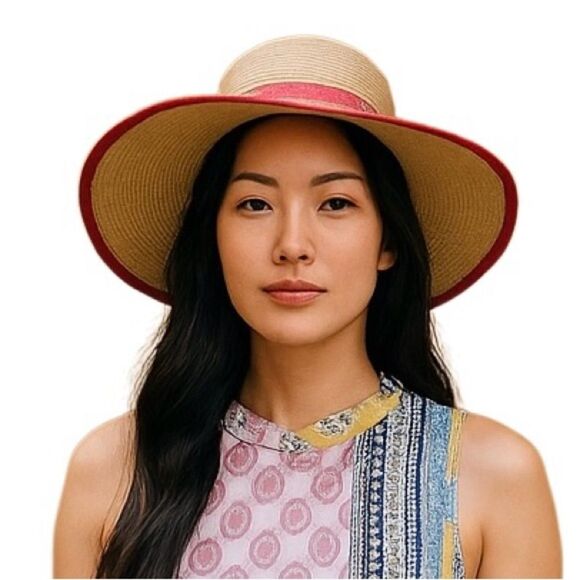Sun N Sand Wide Brim Straw Hat w Fuchsia Trim UPF 50+ Protection Summer Must - Picture 1 of 8